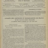 0843 - Page 845 - Sommaire / Abonnements de vacances / Congrès des aliénistes et neurologistes de France et des pays de langue française. (XIe session, tenue à Limoges, du 1er au 7 Août 1901). Séance d'ouverture. Discours de M. Gilbert Ballet...