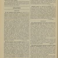 0030 - Page 20 - Sociétés savantes. Société de chirurgie. (Séance du 27 décembre 1905). Kystes hydatiques du foie. M. Delbet, sur deux observations adressées par M. Marion / Analyses. Médecine. Le mal perforant buccal tabétique. (R. Henry. Th. de Paris...) [L. Babonneix] / Réactions sanguines dans les anémies graves. (Ch. Aubertin. Th. de Paris...) [L. Babonneix] / Phlegmon gazeux au cours de la varicelle. (Arch. de méd. des enfants...) [L. Babonneix] / Chirurgie. Des néphrites bilatérales consécutives à des lésions traumatiques d'un seul rein. (C. Hédouin. Th. de Paris...) [Chevrier] / Fibro-lipome de l'estomac traité par la résection ; tétanie pendant la convalescence. (Hermann Fischer. Annals of surg...) [F. Gardner]