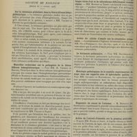 0256 - Page 246 - Sociétés savantes. Société médicale des hôpitaux. (Séance du 16 février 1906). Pseudo-rhumatisme infectieux à entérocoque de Thiercelin. MM. Ménétrier et Rubens Duval / Société de biologie. (Séance du 17 février 1906). Sur la résistance globulaire dans la fièvre bilieuse hémoglobinurique. MM. Vincent et Dopter / Nouvelles recherches sur la pathogénie de la fièvre bilieuse hémoglobinurique. MM. H. Vincent et Dopter / Action du sulfate d'hordénine sur les ferments solubles et les microbes. M. L. Camus / Action sur les animaux de l'inhalation prolongée des mélanges titrés d'air et de chloroforme difficilement anesthésiques. MM. Mansiou et Tissot / Action du nitrite d'amyle sur la circulation pulmonaire. MM. Pic et Petitjean / La docimasie pulmonaire. MM. Balthazard et Lebrun / Histologie pathologique de la syphilis expérimentale du singe dans ses rapports avec le spirochaete pallida. MM. Levaditi et Manouélian / Diagnostic du cancer de l'estomac. M. Mongour... / Action de l'extrait d'intestin sur la pression artérielle. MM. Roger et Josué