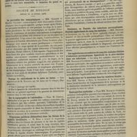0295 - Page 285 - Sociétés savantes. Société de chirurgie. (Séance du 21 février 1906) / Société de biologie. (Séance du 24 février 1906). La parotidite des hémiplégiques. MM. Gilbert et Maurice Villaret / Passage du chloroforme de la mère au foetus. M. Nicloux / Sur la topographie de l'adrénaline. M. Ciaccio / Treponema pallidum (Schaudinn) dans les lésions de la syphilis héréditaire. M. Bosc / Gommes syphilitiques et tréponèmes. M. Bosc / L'anesthésie par le chloral est-elle due au chloroforme qui proviendrait de sa décomposition ? M. Nicloux / Existence, en Tunisie, des infections paratyphiques. Pouvoir agglutinant du sang des malades. MM. Nicolle et Cathoire / Les agglutinines secondaires du sang des malades atteints d'infections paratyphiques. Spécificité de la séro-réaction dans ces infections. MM. Nicolle et Cathoire / Recherches sur la mucinase dans les matières fécales. MM. Nepper et Riva / Éosinophilies myéloïdes. MM. Bloch et Aubertin