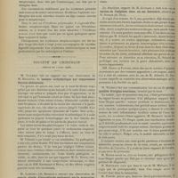 0366 - Page 356 - Sociétés savantes. Société médicale des hôpitaux. (Séance du 9 mars 1906). Infections sanguines au cours des érythèmes infectieux : érythèmes streptococcique, entérococcique, tétragénique. MM. Sacquépée et Loiseleur / Société de chirurgie. (Séance du 7 mars 1906). M. Villemin, sur une observation de M. Morestin : Masque ecchymotique par compression thoraco-abdominale / M. Guinard, sur une observation de M. Pluyette... : Guérison spontanée d'un anévrisme artério-veineux de l'artère et de la veine sous-clavière droite / M. Guinard : Torsion de l'épiploon dans un sac herniaire, observé par M. Schmid... / M. Michaux : Périsigmoïdite d'origine ovarienne / M. Chaput : Une pince courbe et un écarteur malléable