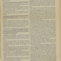 0413 - Page 403 - Sociétés savantes. Académie de médecine. (Séance du 20 mars 1906). Prophylaxie des maladies contagieuses dans les stations balnéaires. M. de Ranse / La surdi-mutité. Etude anatomo-clinique et histologique. MM. Castex et Marchand / Modifications chimiques du lait de femme sous l'influence de l'extrait des graines de cotonnier. M. Barlerin, au dispensaire de Belleville de M. Variot / Mortalité par tuberculose. M. Chauffard / Analyses. Médecine. Contribution à l'étude de l'infection tuberculeuse dans le premier âge. (Salge. Jahrb. f. Kind...) [L. Babonneix]