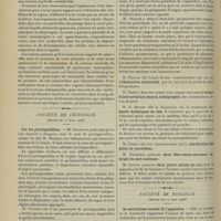0436 - Page 426 - Sociétés savantes. Société médicale des hôpitaux. (Séance du 23 mars 1906). Ascite et pleurésie opalescentes chez une cardiaque. Réaction myéloïde du sang considérable. MM. Louis Rénon et Léon Tixier / Société de chirurgie. (Séance du 21 mars 1906). Sur les périsigmoïdites. M. Lejars, sous le nom de périsigmoïdites, comme l'a fait M. Michaux / M. Malvoz... : Obstruction intestinale / M. Thiery : Erreur d'interprétation dans la radiographie / M. P. Delbet : Kystes hydatiques du foie / M. Legueu : Deux petits calculs du rein / Société de biologie. (Séance du 24 mars 1906). Le microbisme normal de l'appendice. MM. A. Gilbert et A. Lippmann