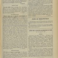 0487 - Page 477 - Analyses. Médecine. Charbon du larynx. (E. Glas. Munch. med. Wochenz...) [A. Lemierre] / Neurologie. Du tabes tardif. (Long et Cramer. Revue neurologique...) [L. Alquier] / Bactériologie. Méthode simple pour la recherche bactériologique du spirochaete pallida de la syphilis. (L. B. Goldhorn. Post-Graduate...) [F. Gardner] / Thérapeutique. De l'action du thigénol en gynécologie. (V. Delaunay. Presse méd...) [L. Gayard] / Notes de thérapeutique / Actes de la Faculté de médecine de Paris. Du 23 au 28 avril 1906. Thèses