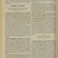 0642 - Page 632 - Les démonstrations dermatologiques de l'Hôpital Beaujon. Des chancres extra-génitaux ; par M. E. Jeanselme... / Sociétés savantes. Société médicale des hôpitaux. (Séance du 4 mai 1906). L'hypertension par rétention chlorurée et la cachexie cardio-rénale. M. Louis Rénon, communication de P. Bergouignan et des idées de MM. Ambard et Beaujard, M. Rénon / Symptômes oesophagiques et anévrisme de l'aorte thoracique. MM. Edgard Hirtz et Henri Lemaire / A propos de la gangrène pulmonaire par submersion. M. Antony, au cas rapporté par M. Bergé / Névralgies faciales traitées par la radiothérapie. MM. Béclère et Haret / La succussion hippocratique dans le pyopneumothorax. M. Chauffard / Société de biologie. (Séance du 28 avril 1906. [fin]). Influence du régime sur le microbisme intestinal au cours des gastro-entérites infantiles. M. Guillemot et Mlle W. Szczawinska