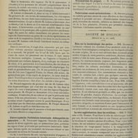 0738 - Page 728 - Sociétés savantes. Société de chirurgie. (Séance du 23 mai 1906). Blessure du poumon. M. Loison / Fièvre typhoïde. Perforation intestinale. Adénopathie du mésentère. M. Toussaint / Traumatisme du poignet. M. Dujarrier / Tuberculose cunéo-métatarsienne. M. Delbet / Société de biologie. (Séance du 19 mai 1906). Note sur la bactériologie des ascites. MM. Gilbert et Lippmann / La séro-agglutination dans les oreillons. MM. P. Teissier et Ch. Esmein