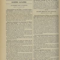 0964 - Page 954 - Clinique médicale infantile. Sur l'eczéma des nourrissons ; par M. G. Variot... / Sociétés savantes. Académie des sciences. (Séance du 9 juillet 1906). Trypanosomiases du Haut-Niger ; un nouveau trypanosome pathogène. M. Laveran, découvert par M. Cazalbou / Disparition momentanée des trypanosomes du Nagana chez des chiens infectés. MM. Gabriel Roux et Léon Lacomme / Comment se comporte un animal qui respire des mélanges titrés d'air et d'acide carbonique. M. N. Gréhant / Variations des échanges nutritifs sous l'influence du travail musculaire développé au cours des ascensions. MM. H. Guillemard et R. Moog / Société médicale des hôpitaux. (Séance du 13 juillet 1906). Eosinophilie pleurale et sanguine par formation d'éosinophile dans le sérum. Leur polimorphisme et leur filiation. MM. Widal et Faure-Beaulieu / Sur un cas de tumeur cérébrale secondaire à une tumeur du sein. MM. Renon et Texier / Entérite et appendicite chez l'enfant. M. Guinon