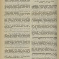 1000 - Page 990 - Sociétés savantes. Académie des sciences. (Séance du 16 juillet 1906). Pigmentation des cheveux et de la barbe par les rayons X, par MM. A. Imbert et H. Marquès / Sur les principes cyanogénétiques du « Phaseolus lunatus ». M. Kohn-Abrest / Sur la présence du néon parmi les gaz de quelques sources thermales. MM. Charles Moureu et Robert Biquard / Sur la composition histologique de la lymphe des ruminants. M. E. Forgeot / Société médicale des hôpitaux. (Séance du 20 juillet 1906). Transmission des maladies infectieuses par les animaux d'appartement. MM. Remlinger et Osman Nouri / Alcoolisation locale des troncs nerveux dans les spasmes et les tics. MM. Brissaud, Sicard et Tanon / Anémie pernicieuse d'origine syphilitique. MM. Marcel Labbé et Chaillous