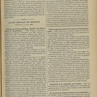 1049 - Page 1039 - Sociétés savantes. Académie de médecine. (Séance du 31 juillet 1906). Le cancer considéré comme maladie constitutionnelle. M. Cornil, une note de M. Vigouroux / Société médicale des hôpitaux. (Séance du 27 juillet 1906). Pleurésies puriformes aseptiques. Intégrité des polynucléaires de l'épanchement. MM. Widal et Gaugerot, avec MM. Lemierre et Boidin / Éléments de pronostic dans les rechutes de l'anémie pernicieuse. MM. Menetrier et Aubertin / Traitement de la coqueluche par l'arsenic. M. J. de Nittis / De l'action de la teinture d'arnica sur les muqueuses. M. Siredey
