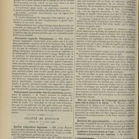1424 - Page 1414 - Sociétés savantes. Société médicale des hôpitaux. (Séance du 12 octobre 1906). Evacuation en une seule fois de trois litres et demi de liquide dans une pleurésie chronique par insufflation d'air dans la plèvre. MM. Dufour et Foix / Pneumonie suppurée. Pneumotomie. MM. Apert et Dubosc / Vomissements incoercibles chez les nourrissons (présentations de malades). M. Variot / Société de biologie. (Séance du 13 octobre 1906). Bacilles tuberculeux dégraissés. MM. Louis Martin et Vandremer, une note communiquée par M. Vallée / Sur quelques cas de guérison apparente de tuberculose expérimentale. MM. L. Martin et Vandremer / Note sur les dépenses de l'organisme pendant la grossesse chez le cobaye et la lapine. M. Maurel / Évolution des corps osmophiles. M. Mulon