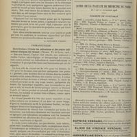 1496 - Page 1486 - Analyses. Médecine légale. De la révision en matière d'accidents du travail portant sur l'appareil de la vision. (E. Giraud. Th. de Paris...) [A. Gaullieur L'Hardy] / Thérapeutique. Contribution à l'étude des indications et des contre-indications cliniques du véronal. (Pénard. Th. de Lyon...) / Actes de la Faculté de médecine de Paris du 5 au 10 novembre 1906. Examens de doctorat / Thèses