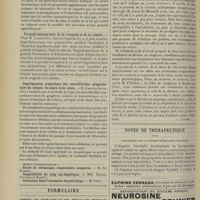 1530 - Page 1520 - Sociétés savantes. Société de biologie. (Séance du 3 novembre 1906). Mécanisme de l'hyperglobulie provoquée par l'hémopoiétine. M. Carnot / Action des sérums pathologiques ou expérimentaux sur le bacille dysentérique. MM. Nicolle et Cathoire / Formule leucocytaire de la rougeole et de la rubéole. M. Lagriffoul / Imprégnation argentique des neurofibrilles sympathiques du cobaye, du lapin et du chien. M. Laignel-Lavastine / Formulaire. Contre les migraines et les névralgies rebelles. (Bull. gén. de thérap.) / Analyses. Physiologie. Diagnostic immédiat de la mort par les instillations d'éther dans l'oeil. (M. d'Halluin. Une brochure, M. Morel...) [L. Gayard] / Notes de thérapeutique. Traitement de la neurasthénie par l'ibogaïne