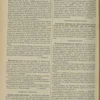1602 - Page 1592 - Analyses. Médecine. Sur la tuberculose aiguë de l'intestin évoluant sous l'aspect d'une maladie infectieuse générale grave. (H. Pässler. Munch. med. Wochens...) [A. Lemierre] / Méningocoques dans le sang circulant. (A. Marcowich. Wiener-klin. Wochens...) [A. Lemierre] / Médecine infantile. Cirrhose cardio-tuberculeuse. M. Grognot... Revue des mal. de l'enf... [L. Babonneix] / Chirurgie. Valeur relative de la caecostomie et de l'appendicostomie dans le traitement de la dysenterie amibienne par les irrigations coliques. (Holton C. Hurl. Ann. of Surgery...) [F. Gardner] / Anatomie pathologique. Anastomose spontanée des veines épiploïques avec les veines de la paroi abdominale chez un cirrhotique. (H. Rendu. Bull. de la Soc. anat...) [L. Alquier] / Pharmacologie. Étude pharmacologique du digalène. (J.-B. Reneau. Revue de thér. méd.-chir...) [L. Gayard]
