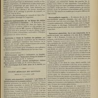 1659 - Page 1649 - Sociétés savantes. Académie des sciences. (Séance du 26 novembre 1906). Culture de la cellule artificielle. M. Stéphane Leduc / Recherches expérimentales sur les troubles thermiques dans les cas de privation absolue de sommeil. M. Vaschide / Recherches expérimentales sur les lésions des centres nerveux, consécutives à l'insolation. M. Marinesco / Contribution à l'étude de l'audition des poissons, par M. Marage / Société médicale des hôpitaux. (Séance du 30 novembre 1906). Atrophie ostéo-musculaire consécutive à une lésion du squelette datant de la première enfance. MM. Achard et Demanche / Sous-maxillarite suppurée. M. Achard / Contracture généralisée, due à une compression de la moelle cervicale, très améliorée à la suite de la radiothérapie. M. J. Babinski