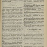 1735 - Page 1725 - Sociétés savantes. Société médicale des hôpitaux. (Séance du 14 décembre 1906). Autopsie d'un aphasique moteur sans cécité ni surdité verbales. Ramollissement de l'opercule rolandique et des trois quarts inférieurs de la pariétale ascendante gauche. MM. Laignel-Lavastine et Salomon / Société de biologie. (Séance du 15 décembre 1906). Septicémie anaérobique au cours de la gangrène sénile. MM. A. Gilbert et A. Lippmann / Sur l'anthracose pulmonaire physiologique d'origine intestinale. MM. Calmette, Vansteenberghe et Greyser / Sur la production et la nature d'une substance empêchante dans les tumeurs des cancéreux traités par les sérums cytolytiques spécifiques. M. Vidal... / Vésicatoire et leucocytose. MM. Carrieu et Lagriffoul... / Notes de thérapeutique. Ibogaïne, ouabaïne, yohimbine / Chronique et nouvelles scientifiques. (Suite). Écoles de médecine / La Société de biologie / Le concours du prix Filloux