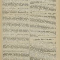 0091 - Page 81 - Sociétés savantes. Société de neurologie. (Séance du 10 janvier 1906). Amyotrophie avec signes de sclérose combinés. M. Souques / Deux de ptosis hystérique. M. Sauvineau / Neurasthénie améliorée par le traitement thyroïdien. MM. Léopold-Lévi et De Rothschild / Troubles trophiques de pieds paraissant dus à un tabes juvénile fruste. MM. G. Ballet et G. Maillard / Syndromes acquis ressemblant aux symptômes de la maladie de Thomsen. M. Ballet / La démarche à petit pas, phobie hystérique. MM. Babinski et Charpentier / Réactions électriques dans le tétanos guéri. M. Bonniot / Autopsie de maladie de Friedreich. M. Thomas / L'hyoscine dans le traitement de la chorée. M. Babinski / Petites hémorragies dans la pie-mère cérébrale des épileptiques. MM. Alquier et Anfimow / Autopsie d'un cas de nystagmus-myoclonie. MM. Lenoble et Aubineau / Intérêts professionnels. Le régime des aliénés devant la chambre