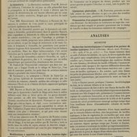 0125 - Page 115 - Sociétés savantes. Société de médecine militaire française. (Séance du 17 janvier 1907). Laryngectomie en deux temps. M. Toussaint, à propos de l'observation de M. Pouillaude / La dysenterie / Modifications à apporter à la forme des lunettes réglementaires. M. Beigneux / Angine et appendicite. M. Doche... / Nouveau procédé de réduction de luxation du coude. M. Daussat / Lipomatose généralisée. M. Fontanel / Présentation d'un paquet de pansement. M. Cavalier-Bénézet / Analyses. Médecine. Recherches bactériologique à l'autopsie d'un porteur de bacilles thyphiques. (Lévy et Kayser. Münch. med. Wochens...). [A. Lemierre] / Les kystes hydatiques du cerveau chez l'enfant. (L. Babonneix. Revue des mal. de l'enf...). [L. Gayard]