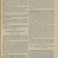 0325 - Page 319 - Société savantes. Académie des sciences. (Séance du 25 février 1907). De la novicité des huîtres. M. J. Baylac / Les éléphants ont-ils une cavité pleurale ? Mme Phisalix / Société médicale des hôpitaux. (Séance du 1er mars 1907). Auto-inoculation de chancre syphilitique. M. Queyrat / Un cas d'alexie ou de cécité verbale pure avec autopsie. M. Souques / Volumineux corps étranger de la plèvre gauche. Diagnostic par la radiographie. Extraction. Guérison. MM. Galliard et Chaput / Radiothérapie dans les paralysies spasmodiques spinales. M. Babinski / Tolérance comparée des divers hydrates de carbone par l'organisme des diabétiques. M. Marcel Labée / Société de médecine militaire française. (Séance du 21 février 1907). Luxation des ménisques inter-articulaires du genou. M. Billot... / La dysenterie. M. Manon...