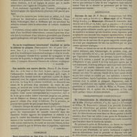 0362 - Page 356 - Analyses. Médecine. Sur l'étiologie des érythèmes noueux. (W. Hildebrandt. Munch. med. Woch...). [A. Lemierre] / Un cas de tremblement intentionnel simulant en partie la sclérose en plaques. (Bergamasco. Riv. di patol. nerv. e ment...). [L. Alquier] / Une maladie non encore décrite. (Henry P. De Forest. Med. Soc. of the State of New York...). [F. Gardner] / Chirurgie. Deux appendices au lieu d'un. (L. Schooler. Iowa med. Journ...). [F. Gardner] / Rhinologie. Sarcome du nez. (R. F. Miller. Laryngoscope...) - Même sujet. (J. A. Watson. Ibid...) - Même sujet. (Richard H. Johnston. Med. Record...). [F. Gardner] / Thérapeutique chirurgicale. De l'administration du chloroforme dans les opérations sur la tête. (Pratique médicale...). [L. Gayard] / De l'inutilité et des dangers de la recherche du réflexe cornéen au cours de la chloroformisation. (Van Lint. Policlinique...). [L. Gayard]