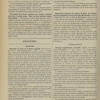 0398 - Page 392 - Sociétés savantes. Société de biologie. (Séance du 16 mars 1907). Balance des ternaires ingérés et de ceux dépensés par la lapine pendant la grossesse. Le Docteur Maurel / Traitement de la fièvre typhoïde par l'argent colloïdal électrique à petits grains. Cinq cas avec guérison rapide chez l'enfant. M. Gaillard / Analyses. Médecine. Mammite au cours de la fièvre typhoïde. (M. Guiraud. Soc. des sc. méd. de Montpellier...) / Thyroïdite suppurée à bacille d'Eberth. (H. Roger. Soc. des sc. méd. de Montpellier...) / Répartition générale du bacille de koch. Sa présence dans les poussières d'une grande ville (Montpellier). [Rodet et Delanoë. Soc. des sc. méd. de Montpellier...] / Dermatologie. Chancres syphilitiques successifs. (Vedel. Soc. des sc. méd. de Montpellier...)