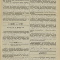 0407 - Page 401 - Luxuation du coude réduite 30 minutes après l'accident. Ablation d'un ostéome intra-articulaire 28 jours après ; par le Docteur LOP... / Sociétés savantes. Académie de médecine. (Séance du 19 mars 1907) / Société de médecine militaire française. (Séance du 7 mars 1907). Suite de la discussion sur la dysenterie. MM. Lanel... et Drouineau... / Luxation des ménisques interarticulaires du genou. M. Robert Picqué... / Adénopathies suppurées du mésentère dans la fièvre typhoïde et l'appendicite. M. Véron... / Analyses. Médecine. Les infections sanguines. Etude clinique et expérimentale. (Jean Loiseleur. Th. de Paris...). [A. Gaullieur l'Hardy]