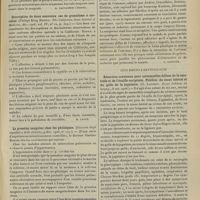 0505 - Page 499 - Analyses. Médecine. Ophtalmie purulente due au bacille fusiforme de Vincent, consécutive à une rougeole. (Accad. dei Fisiocritici di Siena...). [A. Gaullieur l'Hardy] / Description de deux nouveaux cas de granulome à coccidies. (Philips King Brown. The California state Journal of Medecine...). [M. Lance] / La pression sanguine chez les phtisiques. (Gazetta degli ospedali e delle cliniche...). [A. Gaullieur l'Hardy] / A propos d'un cas de cirrhose de l'estomac. (John G. Sheldon. Annals of Surgery...). [F. Gardner] / Oto rhino-laryngologie. Résection crânienne pour ostéomyélite diffuse de la mastoïde et de l'écaille occipitale. Phlébite du sinus latéral et du golfe de jugulaire. (G. Laurens. Revue hebdom. de laryng...). [P. Viollet] / Kératose oblitérante. (G. Sterling Ryerson. Journ. of the Amer. med. Assoc...). [F. Gardner]