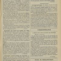 0567 - Page 561 - Analyses. Médecine. Syphilis et cancer. Cancer sur syphilis et cancer juxta-syphilitique. (R. Horand. Th. de doctorat...). [P. Ravaut] / Transmission avec succès de la syphilis aux chiens. (E. Hoffmann et W. Brünnig. Deuts. med. Wochens...). [A. Lemierre] / L'adénopathie trachéo-bronchique des nourrissons. (L. Bougarel. Th. de Paris...). [L. Babonneix] / Thérapeutique. Le lactagol galactogène. (N. Charles. Journal d'accouchements et Revue de médecine et de chirurgie pratique...). [L. Gayard] / Correspondance. A propos de la revaccination par grattage. [Dr Courgey] / Notes de thérapeutique. L'ibogaïne dans se applications toni-cardiaques