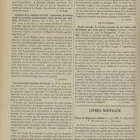 0604 - Page 598 - Analyses. Chirurgie. Plaies par coup de feu de la moelle épinière. Plaidoyer en faveur de la myélorraphie précoce ; relation d'un cas de blessure par balle du foie et de la colonne vertébrale, Iaparotomie, laminectomie, guérison. (Iwing S. Haynes. New-York med. Journ...). [F. Gardner] / Luxation de la sixième cervicale, symptômes de section totale de la moelle, laminectomie, retour partiel des fonctions. (William C. Krauss. Ann. of Surg...). [F. Gardner] / Les chaussures flexibles élastiques. (L. R. G. Grandon. The Boston med. and surg. Journ...). [M. Lance] / Obstétrique. Forme normale de l'orifice externe du col utérin chez les femmes qui n'ont pas eu d'enfants. (Guérin et Grynfelt. Soc. des sc. méd. de Montpellier...). [L. Gayard] / Livres nouveaux. Précis de diagnostic médical, par MM. P. Spillmann, P. Haushalter et L. Spilmann. [L. Babonneix]