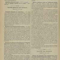 0722 - Page 716 - Sociétés savantes. Académie des sciences. (Séance du 21 mai 1907). Sur les réactions à la lumière du tissu de l'iris. M. A. Nepveu. Brown-Séquard / Société médicale des hôpitaux. (Séance du 24 mai 1907). Traitement thyroïdien de l'infantilisme. M. Apert / Myxoedème familial (dysthyroïdie familiale). M. Apert / Pleurésie séro-fibrineuse tuberculeuse post-traumatique. Impossibilité d'évacuation de l'épanchement. MM. E. Mosny et P. Harvier / Maladie de Basedow traitée par l'opothérapie hypophysaire. MM. Louis Rénon et Azam / Société de biologie. (Séance du 25 mai 1907). Influence des principales voies d'administration sur la dose minima mortelle de spartéine (sulfate). M. Maurel