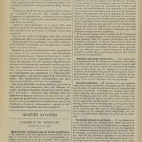 0734 - Page 728 - Étude histologique de l'hypertrophie expérimentale des capsules surrénales chez le chien ; par L. Alquier... (Travail du laboratoire de M. le Professeur Raymond) / Sociétés savantes. Académie de médecine. (Séance du 28 mai 1907). Malformations cardiaques chez les hérédo-syphilitiques. M. Landouzy / Opération césarienne conservatrice. M. Lepage / Solutions colloïdales. M. Bardet / Traitement optique du strabisme. M. De Lapersonne