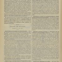 0758 - Page 752 - Sociétés savantes. Société médicale des hôpitaux. (Séance du 30 mai 1907). Aortite thoracique infectieuse aiguë développée au cours d'une salpingite et ayant déterminé une gangrène du membre supérieur gauche, par oblitération de l'origine de l'artère sous-clavière et une gangrène du membre inférieur droit par embolie dans l'artère fémorale. MM. Georges Guillain et H. Rendu / Société de biologie. (Séance du 1er juin 1907). Action pharmacodynamique du nitrite de soude. M. Vaquez / Retour au type anaérobie initial de l'anaérobie de reconstitution. M. Georges Rosenthal / Sur la cholémie et la polycholie de l'ictère grave. MM. Gilbert et Herscher / Introduction à l'étude de la spécificité cellulaire. Transport de colloïdes à travers des lipoïdes. M. Iscovesco / Infections sanguines autogènes et hétérogènes chez les animaux en état de moindre résistance. MM. Sacquépée et Loiseleur / Action du suc gastrique sur la salive. M. Roger