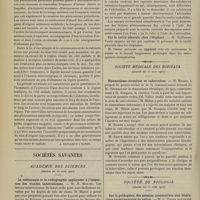 0828 - Page 822 - Médecine pratique. Signes cliniques des tumeurs du rein d'origine surrénale. [A. Gaullieur l'Hardy] / Sociétés savantes. Académie des sciences. (Séance du 10 juin 1907). La radioscopie et la radiographie appliquées à l'inspection des viandes tuberculeuses. M. H. Martel / Action hypertensive de la couche corticale des capsules surrénales. MM. O. Josué et Louis Bloch / Sur la cavité pleurale chez l'éléphant. M. Guillaume Vasse / Société médicale des hôpitaux. (Séance du 15 juin 1907). Rhumatisme chronique et tuberculose. M. Milian / Société de biologie. (Séance du 15 juin 1907). Sur la pathogénie des anémies consécutives aux ulcérations expérimentales du pylore. M. L. Tixier