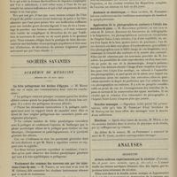 0840 - Page 834 - Médecine pratique. Les bouillons de légumes, l'eau de riz et la diète hydrique dans le traitement des diarrhées des enfants / Sociétés savantes. Académie de médecine. (Séance du 18 juin 1907). La folie pellagreuse des Arabes d'Egypte. M. Marie / Traitement des eczémas des nouveau-nés par les injections d'eau de mer. M. Variot, en son nom et au nom de M. Quinton / Anatomie et obstétrique. M. Farabeuf / Application de la photographie en couleurs à l'étude des maladies de peau. M. Hallopeau, en son nom et celui de M. Infrest / Douches massages. M. Richelot / Elections / Analyses. Médecine. Artério-sclérose expérimentale par la nicotine. (Papadia. Riv. di patol. nerv. mentale...). [L. Alquier]