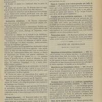 0937 - Page 931 - Sociétés savantes. Société de chirurgie. (Séance du 3 juillet 1907). Plaies du poumon. M. Lucas-Championnière / Cholécystites calculeuses. M. Terrier / Estomac biloculaire. M. Hartmann, une observation de M. Tesson... / Plaies de l'intestin et de l'utérus gravites par balle de revolver. M. Picqué / Fracture des deux maxillaires supérieurs. M. Thiéry / Tuberculose caecale. M. Hartmann / Société de neurologie. (Séance du 4 juillet 1907). Hémiataxie et hémiathétose traumatiques. MM. Dupré et Lemoine / Hémichorée post-hémiplégique alterne. MM. Dupré et Léger / Paralysie alterne associée à un syndrome spasmodique dû probablement à une lésion irritative. MM. Claude et Lejonne / Deux cas de spasme facial. M. Thomas