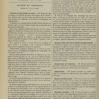1058 - Page 1052 - Revue générale. Diagnostic des hépatomégalies chroniques ; par M. Lévi-Sirugue... II. B. Hépatomégalies du nourrisson et de l'enfant / Sociétés savantes. Société de chirurgie. (Séance du 31 juillet 1907). Luxation du semi-lunaire en avant. M. Demoulin, sur deux observations de M. Rouvillois / Sarcome malin de l'ovaire. Pseudo-hermaphrodisme. M. Hartmann, une observation de M. Chaumel... / Ostéosarcome de l'humérus. M. Picqué / Splénectomie. M. Daudet / Hépatico-duodénostomie. M. Delbet / Pleurésie purulente. M. Tuffier
