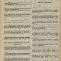 1070 - Page 1064 - Analyses. Chirurgie. Absence congénitale de l'appendice et péritonite pelvienne suppurée chez un garçon. (lrving S. Haynes. Amer. Journ. of Surg...). [F. Gardner] / Obstétrique. Contribution à l'étude des grossesses extra-utérines doubles. (J. Pecher. Th. de Paris...). [L. Gayard] / Anatomie pathologique. Un cas de rein unique congénital. (Diamantis. Bull. de la Soc. anat...). [L. Alquier] / Cytologie de la méningite cérébro-spinale épidémique. (Speroni. Bull. de la Soc. anat.). [L. Alquier] / Thérapeutique. Le traitement de la chorée de Sydenham par l'exalgine. (Gazzetta degli ospedali e delle cliniche...). [A. Gaullieur l'Hardy] / Livres nouveaux. Névroses et psycho-névroses, par F. Raymond. [L. Babonneix]