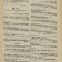 1131 - Page 1125 - Congrès français des médecins aliénistes & neurologistes de langue française XVIIe session [Genève-Lausanne, 1er-7 Août 1907]. Communications diverses. Nouvelles recherches sur l'histologie des ganglions et des racines postérieures dans le tabes. MM. Marinesco et Minéa... / Analyses. Médecine. Sur la question de la présence de matière colorante du sang ou d'hématine dans la bile de l'homme. (Schumm. Munch. med. Wochens...). [A. Lemierre] / Chirurgie. Angéiorraphie terminale artério-veineuse. (Howard Lilienthal...) / Oblitération de la veine porte par adhérences inflammatoires entourant le vaisseau. (Georges Walker...) / Oblitération de l'estomac à la suite d'un ulcère. Duodénostomie. (James B. Bullitt...) / Fièvre typhoïde avec double perforation de l'iléon et perforation de la vésicule biliaire. (Otto G. T. Kiliani...) / Résection de 3m05 d'intestin grêle. Guérison. (Edward Stechlin...) / Kyste dermoïde colossal de l'ovaire de plus de cinquante ans de durée. (Harris F. Brownlee...) / Extirpation d'un hypernéphrome pesant 4 livres et quart chez un enfant de vingt mois. (William S. Cheesman...)