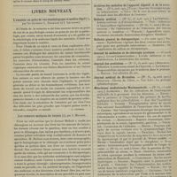 1204 - Page 1198 - Notes de thérapeutique / Livres nouveaux. L'amnésie au point de vue séméiologique et médico-légal, par les Docteurs L. Dromard et J. Levassort. [L. Gayard] / Les tumeurs malignes du larynx, par J. Molinié. [L. Imbert] / Articles originaux des principales publications françaises et étrangères. Archives des maladies de l'appareil digestif et de la nutrition / Bulletin médical / Bulletin général de thérapeutique /Journal de médecine et de chirurgie pratique / Journal des praticiens / Journal médical de Bruxelles / Münchener medizinische Wochenschrift / Presse médicale