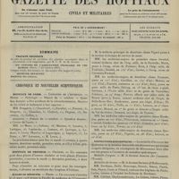 1411 - Page 1405 - Sommaire / Chronique et nouvelles scientifiques. Hôpitaux de Paris / Hôpitaux de Province / Écoles de médecine / Guerre / Distinctions honorifiques. (Voir la suite des Nouvelles, p. 1415)