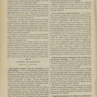 1444 - Page 1438 - Sociétés savantes. Société médicale des hôpitaux. (Séance du 11 octobre 1907). Réaction méningée aseptique au cours d'une otite moyenne suppurée. Intégrité des polynucléaires. Guérison. MM. De Massary et Pierre Weil / Société de biologie. (Séance du 12 octobre 1907). Hypertrophie cardiaque causée par l'adrénaline et la toxine typhique. M. O. Josué / Sur la nocivité des composés acétoniques / Recherches du bacille de Koch dans l'air des salles occupées par des tuberculeux. MM. Le Noir et Jean Camus / Propriétés immunisantes du sérum d'un malade convalescent d'oedème charbonneux de la face. MM. G. Guillain, L. Boidin et N. Fiessinger