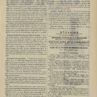 1481 - Page 1475 - Sociétés savantes. Société de chirurgie. (Séance du 23 octobre 1907). Blessures de l'oreille par armes à feu. M. Picqué / Plaie pénétrante du crâne par balle de revolver. M. Le secrétaire général, une observation adressée de M. Toussaint / Traitement de la parotidite. M. Morestin / Anévrisme traumatique du pli du coude. M. Potherat / Luxation complète du genou. M. Delbet / Kyste de l'utérus. M. Potherat / Actes de la Faculté de médecine de Paris du 4 au 9 novembre 1907. Examens de doctorat