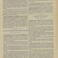 1491 - Page 1485 - Sociétés savantes. Société médicale des hôpitaux. (Séance du 26 octobre 1907). Gommes sporotrichosiques cutanées avec végétations laryngées de même nature. MM. de Beurmann, Brodier et Gastou / Accidents épileptiques et hémiplégiques survenus dans la période d'état de la fièvre typhoïde. M. Barié / Société de médecine militaire française. (Séance du 18 octobre 1907). La législation militaire concernant les gratifications et pensions de réforme. M. Dubrulle / Société de biologie. (Séance du 26 octobre 1907). Ophtalmo et cuti-réaction dans la tuberculose expérimentale du lapin. MM. P. Nobécourt et Ch. Mantoux / Etudes sur la phonation. M. Gellé / Vaccination antidysentérique expérimentale. M. Dopter