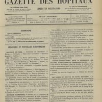 1531 - Page 1525 - Sommaire / Chronique et nouvelles scientifiques. Hôpitaux de Paris / Hôpitaux de Province / Écoles de médecine / Asiles d'aliénés / Médaille des épidémies / Congrès international pour la répression des fraudes alimentaires et pharmaceutiques / Les chiens du service de santé militaire / Statistique