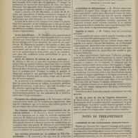 1562 - Page 1556 - Société savantes. Académie de médecine. (Séance du 12 novembre 1907). La loi Roussel. M. Pamard / Le suc pancréatique. M. Delsenne / Action du chlorure de sodium sur le suc gastrique. M. Dastre / Formation des cellules géantes. M. Retterer / Des relations fonctionnelles par l'intermédiaire des sécrétions internes. M. Hallion / Des réactions présentées par les animaux en état d'hyperthemie. M. Langlois / Société de médecine de Paris. (Séance du 9 novembre 1907). L'inhalation en thérapeutique. M. Wicart / Syphilis et cancer. M. Ozenne / Le vin au point de vue de l'hygiène alimentaire. M. Régis / Notes de thérapeutique. L'hélénine et ses applications thérapeutiques
