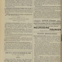 0022 - Page 10 - Sociétés savantes. Académie des sciences. (Séance du 23 décembre 1907). Contribution à l'étude de l'influence des traumatismes sur la localisation de la tuberculose. Résultats de traumatismes articulaires chez des lapins tuberculisés par la voie digestive. MM. A. Rodet et Jeanbrau / Action excito-sécrétoire de la branche interne du spinal sur l'estomac et le pancréas. MM. F.-A. Lesbre et F. Maignon / Société de médecine de Paris. (Séance du 28 décembre 1907). L'inhalation en thérapeutique. (Discussion). M. Golesceano / Evaluation de l'acidité du suc gastrique. M. Lematte / Sur un tic douloureux du pied. M. Maurice Bloch / Ictère hémolytique dans un cas d'embolie pulmonaire. M. Gallois / Actes de la Faculté de médecine de Paris du 13 au 18 janvier 1908. Thèses / Chronique et nouvelles scientifiques. (Suite). Comité consultatif de l'enseignement public / Assistance publique / Inspectorat départemental d'hygiène de la somme / Nécrologie / Bulletin bibliographique