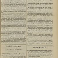 0043 - Page 31 - Médecine légale. L'examen nécroscopique de l'hymen. [A. Gaullieur L'Hardy] / Sociétés savantes. Académie de médecine. (Séance du 7 janvier 1908). Ptose et dilatation de l'estomac étudiées à l'aide de la radioscopie. M. Enriquez / Intoxication par l'oxyde de carbone obtenue chez des lapins endormis par la morphine. M. Gréhant / Du phosphore dans l'organisme des êtres vivants. M. G. André / Livres nouveaux. Précis des examens de laboratoire employés en clinique, par L. Bard..., avec la collaboration de G. Humbert et H. Mallet... [L. Gayard]