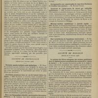 0211 - Page 199 - Sociétés savantes. Société médicale des hôpitaux. (Séance du 7 février 1908). Diminution du murmure vésiculaire du sommet dans la tuberculose. Fernet / Hémoglobinurie paroxystique. MM. Achard et Feuillié / Société de neurologie. (Séance du 6 février 1908). Paralysie pseudo-bulbaire post-épileptique. M. Rose / Anesthésie cornéenne dans un cas de tumeur intra-cranienne. MM. Raymond et Claude / Deux cas d'hémiplégie infantile : participation des noyaux bulbaires. M. Achard / Syndrome de débilité motrice de Dupré chez deux enfants arriérés. MM. Méry et Armand-Delille / Arthropathie sans signes de tabes. MM. Ballet et Barré / Syndrome de l'hémi-queue de cheval par radiculite syphilitique. MM. Laignel-Lavastine et Verliac / Méningo-myélite syphilitique à marche rapide. MM. Klippel et François-Dainville / Etat varioliforme de l'épendyme ventriculaire. M. Bovéri / Société de biologie. (Séance du 8 février 1908). Le système des fibres endogènes des cordons postérieurs dans la dégénérescence ascendante des racines de la « queue de cheval ». M. Laignel-Lavastine / Lésions des capsules surrénales dans la tuberculose. M. Babès
