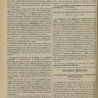 0260 - Page 248 - Sociétés savantes. Société de médecine de Paris. (Séance du 14 février 1908). Sur le traitement mercuriel du tabes. (Suite de la discussion). M. Jean Heitz / Traitement des brûlures par la chaleur et la lumière électrique. Le Docteur Dupuy de Frenelle / Hérédo-syphilitiques et traitement spécifique. M. Audistère / Société de médecine militaire française. (Séance du 8 février 1908). La tuberculose et les pensions et gratifications de réforme. MM. Debrie et Villedary / Pratique médicale. Sur l'importance prophylactique de la désinfection bucco-pharyngée ; par M. R. Gabin