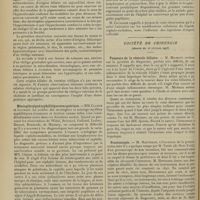 0318 - Page 306 - Sociétés savantes. Société médicale des hôpitaux. (Séance du 28 février 1908). Contribution à l'étude du phagédénisme. MM. Brocq et Simon / Vitiligo méta-ictérique. Origine biliaire de certains vitiligos. MM. Ch. Gandy et H. Paillard / Méningite aiguë syphilitique avec guérison. MM. Claisse et Joltrain / Société de chirurgie. (Séance du 26 février 1908). Tumeurs de la vésicule biliaire. M. Michaux / Proctoscopie. M. Hartmann, quelque temps par M. Tuttle...
