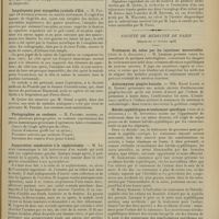 0319 - Page 307 - Sociétés savantes. Société de chirurgie. (Séance du 26 février 1908). Proctoscopie. M. Hartmann, quelque temps par M. Tuttle... / Scapulopexie pour myopathie juvénile d'Erb. M. Pauchet... / Photographies en couleurs. M. Pauchet / Suppuration consécutive à la néphrectomie. M. Legueu / Société de médecine de Paris. (Séance du 27 février 1908). Traitement du tabes par les injections mercurielles. (Suite de la discussion). M. Leredde / Actinomycose gingivo-buccale. MM. Raoul Labbé et G. Barret / Hérédo-syphilitiques et traitement spécifique. (Suite de la discussion). M. Antonelli